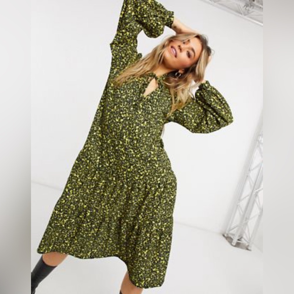 ASOS textured tiered midi dress with tie neck in black and yellow floral